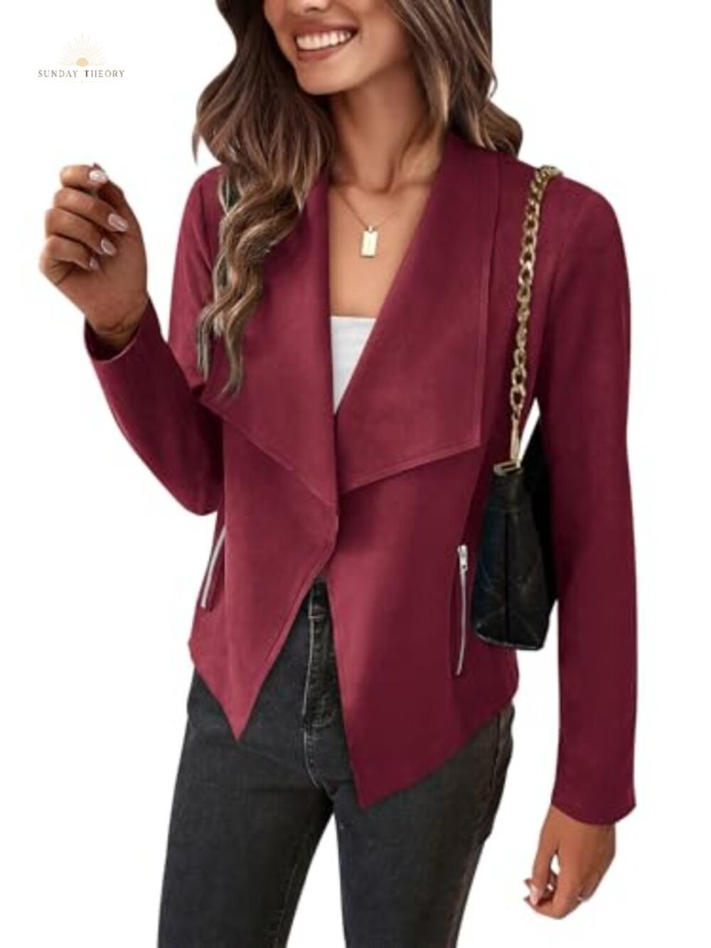 Faux Suede Cropped Jacket Waterfall Collar Zip Pockets Casual Fall Coat